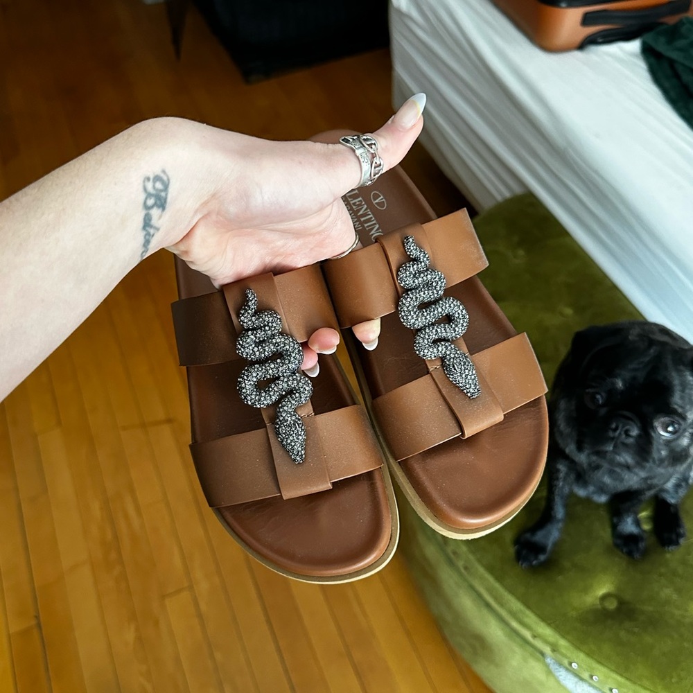 VALENTINO GARAVANI SERPENT SNAKE MAISON BROWN SLIDES 6.5 37 LEATHER SANDALS